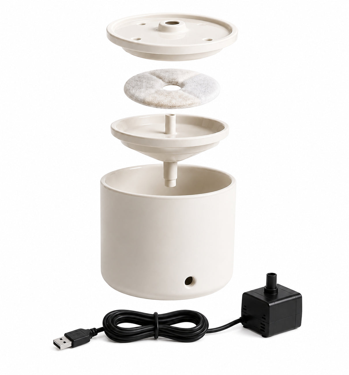 Despiece de Water Ritual™: tapa de cerámica, filtro, soporte del filtro, base de cerámica y bomba con cable